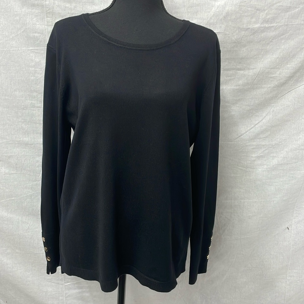 JM Collection black knit blouse, long-sleeve, crew neck, size Large